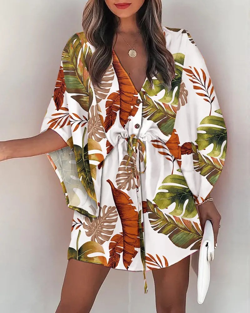 Robe d'été à imprimé floral pour femmes, manches chauve-souris, col en V, ourlet irrégulier à volants, vêtements féminins décontractés Boho, nouveau, 2024