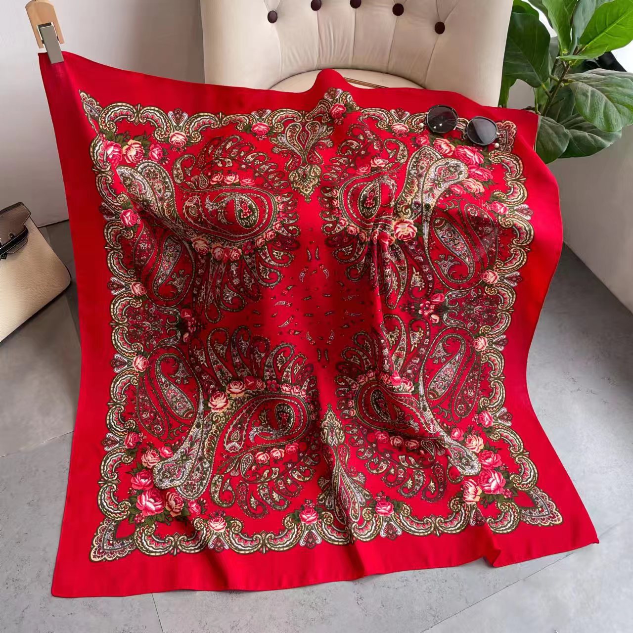 Foulard Russe à Imprimé Floral pour Femme, Hijab, Bandes de Sauna, Châles de Luxe, Grande Taille, Carré, Bandana, Mouchoir, Voile Babushka, 110x110cm