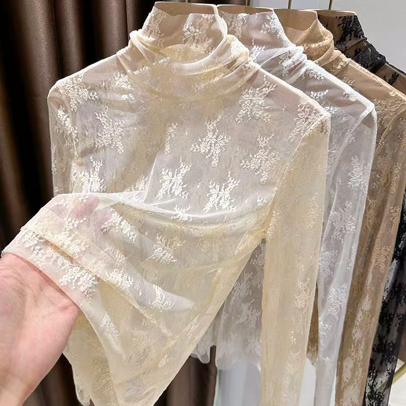 Femmes Sexy à manches longues dentelle Blouses col haut vêtements intérieurs dentelle Crochet t-shirt Base tunique haut Perspective Vintage bas Blouse