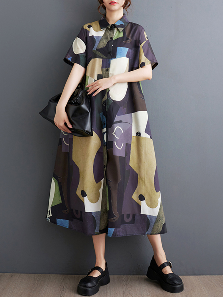 Nouvelles Robes Chemises Imprimées Vintage Été 2026 pour Femmes – Robe Midi Décontractée Ample à Manches Courtes – Vêtements Élégants et Tendance