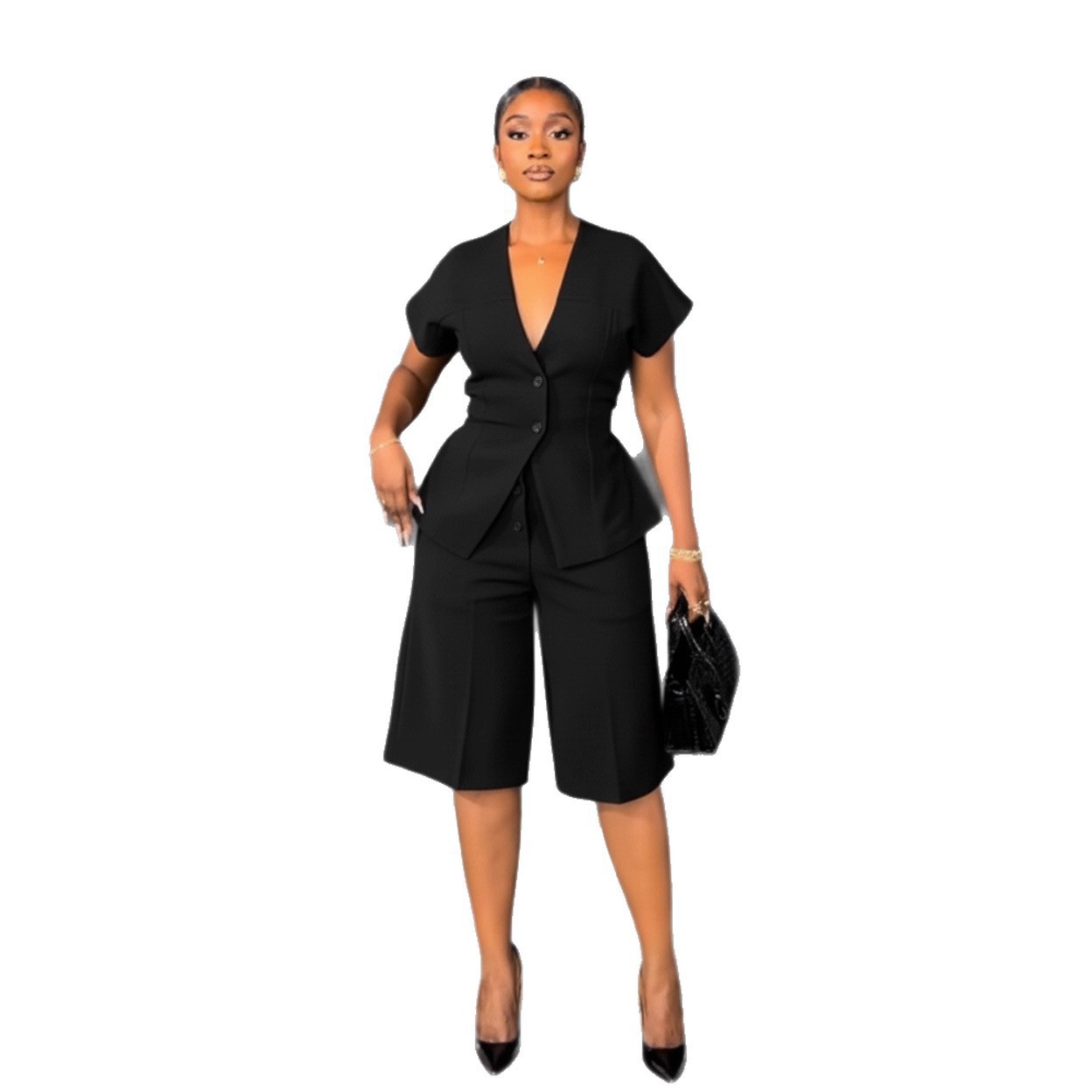 Ensemble deux pièces pour femme : Manteau à manches courtes et col en V boutonné et pantalon longueur genou taille empire, coupe ample, collection automne 2026