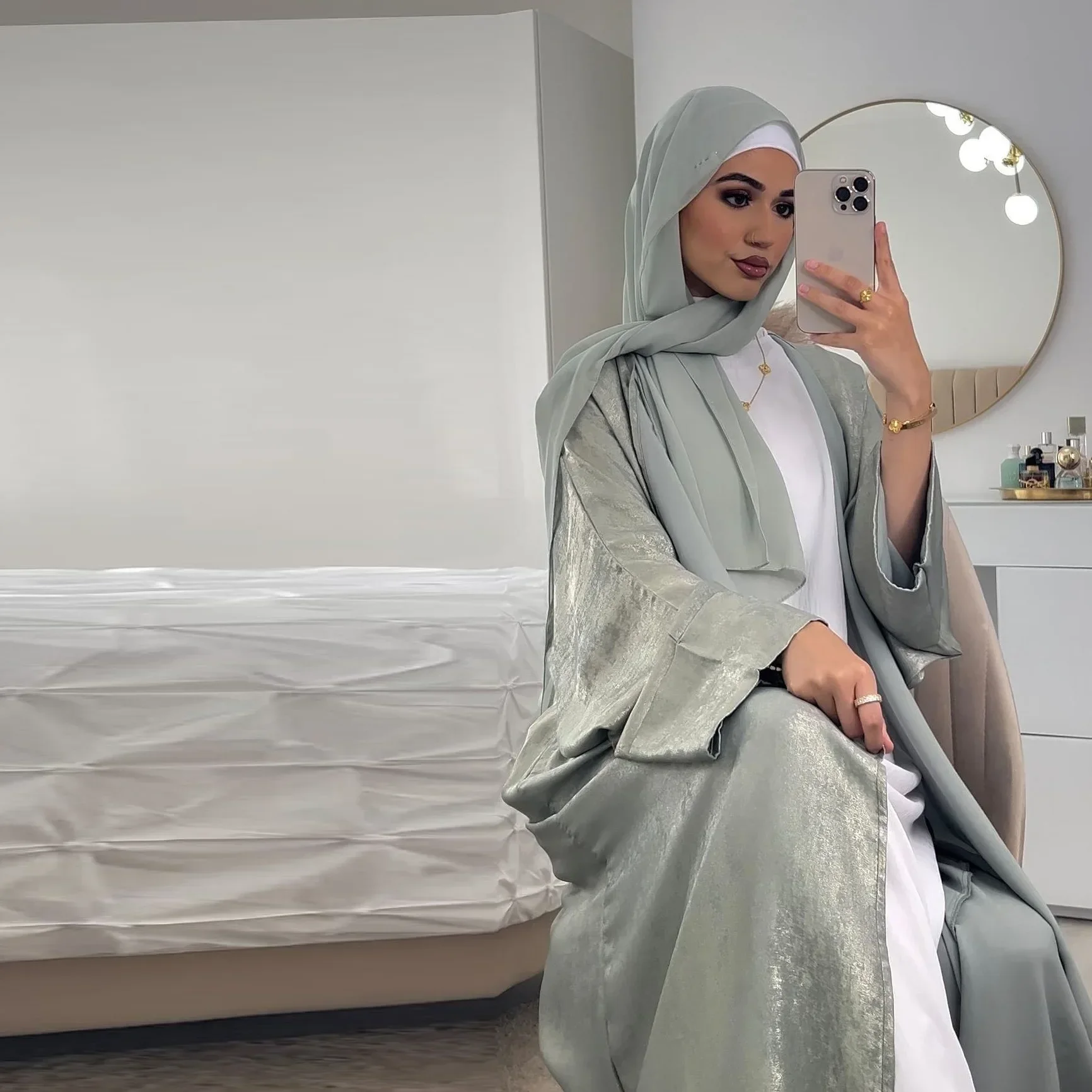 Robe longue en satin pour femmes, caftan musulman, kimono ouvert sur le devant, cardigan, Turquie, robes islamiques, vêtements arabes