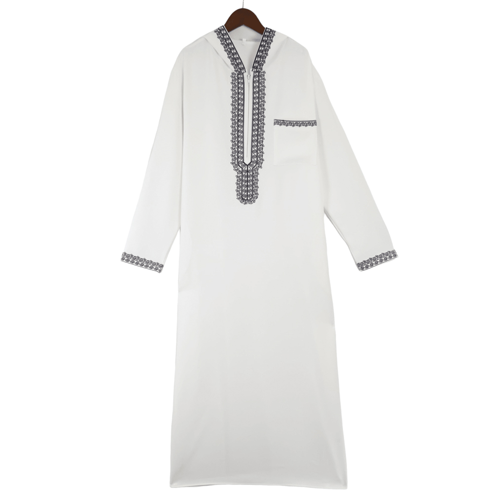 Thobe pour hommes musulmans, robe longue marocaine à manches longues, design brodé avec capuche, robe ample islamique, Jelleba, vêtement traditionnel pour les fêtes