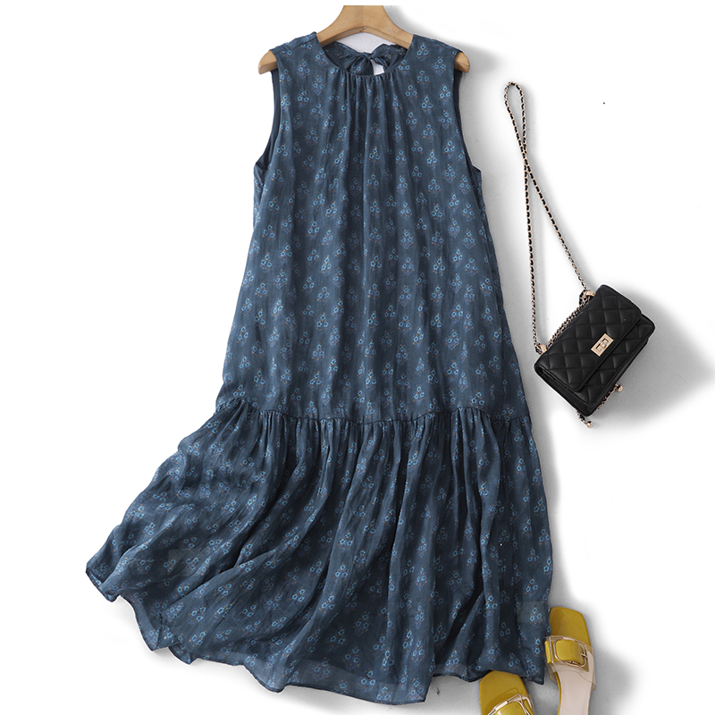 Robe longue rétro à imprimé floral pour femme, sans manches, taille haute, coupe ample, style décontracté, en mélange de coton J271