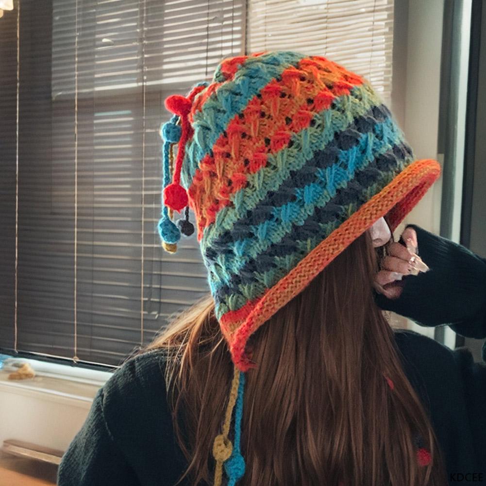 Bonnet en laine tricoté à rayures arc-en-ciel colorées pour femmes, Bonnet de Protection des oreilles au Crochet chaud d'hiver pour filles, Bonnet coupe-vent de neige