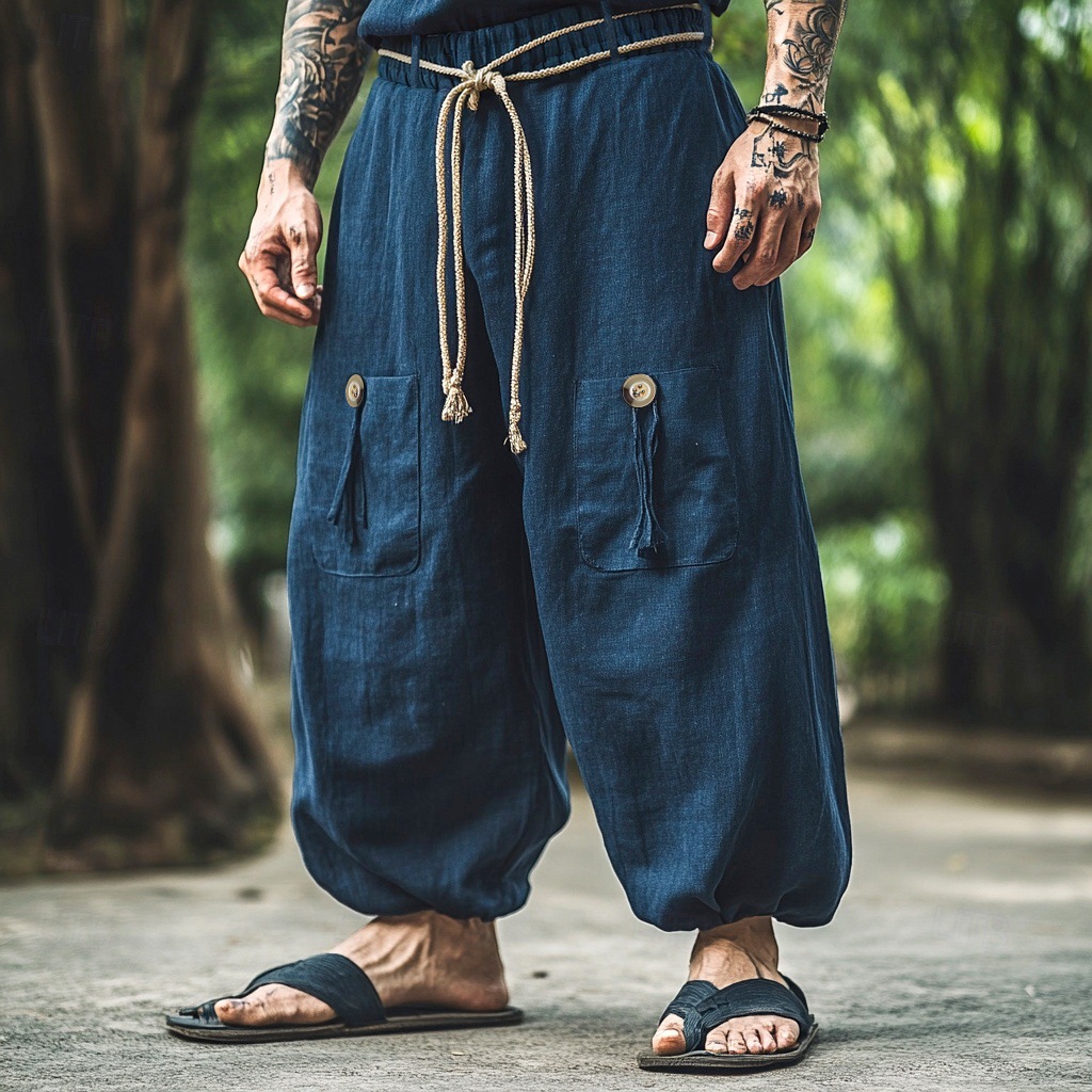 Robes ethniques décontractées en coton et lin, pantalons à jambes larges pour hommes, couleur unie, pantalons plissés confortables et tendance, Streetwear pour hommes