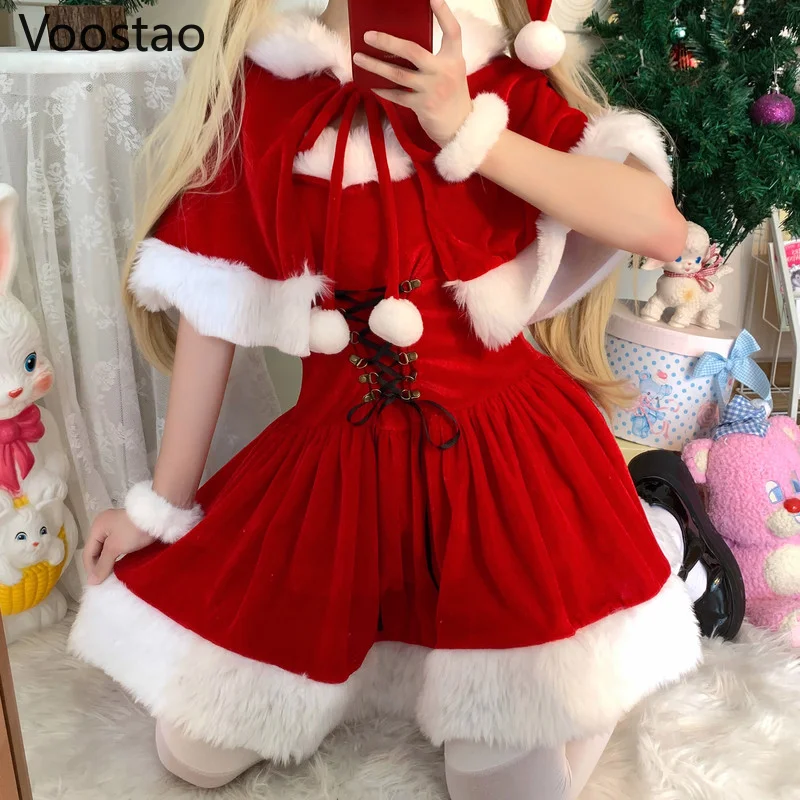Robe châle rouge de Noël pour femme, patchwork en peluche douce, mini robe de soirée mignonne, robe Kawaii Everak, robe de proximité pour femme, automne et hiver