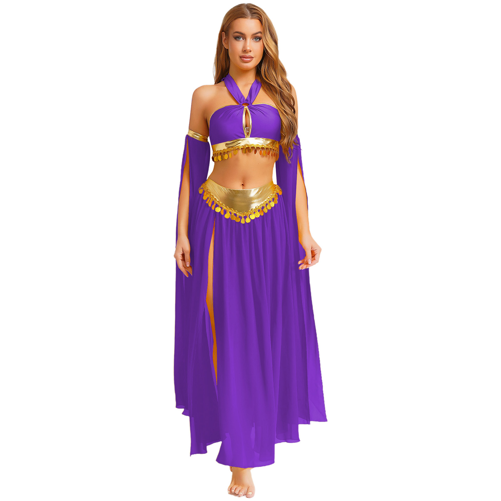 Cospaly – vêtements de danse orientale arabe pour femmes, Costume de spectacle ethnique du ventre, col licou, Costumes de Festival à paillettes, jupe en mousseline de soie