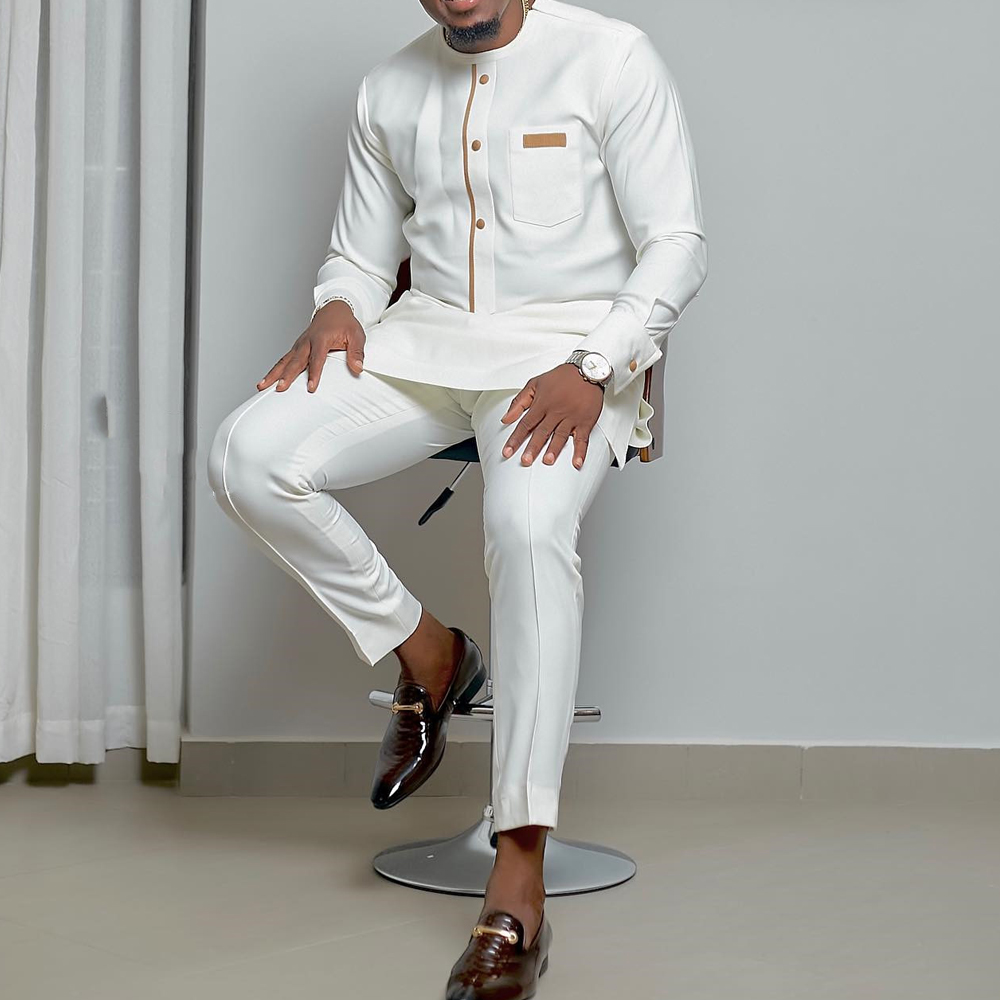 Ensemble Kaftan pour homme, costume Kaunda, haut à col rond à manches longues, pantalon, tenue traditionnelle africaine pour homme, ensemble de vêtements 2 pièces, ensembles de mariage, décontracté