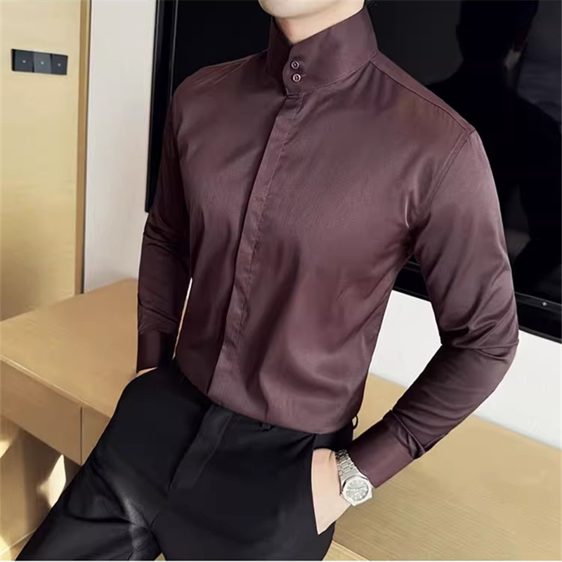 Mode col haut chemises hommes printemps automne couleur unie à manches longues Style coréen chemises décontractées intelligentes hommes coupe ajustée Stand chemise