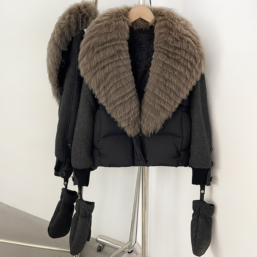 Doudoune d'hiver pour femme, chaude et épaisse, en duvet de canard, avec doublure rembourrée, coutures contrastées et col en fourrure véritable