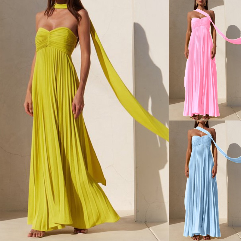 Robe longue plissée sans bretelles pour femmes, élégante, Sexy, sans manches, dos nu, Design printemps été, nouvelle collection, Robe de soirée pour dames