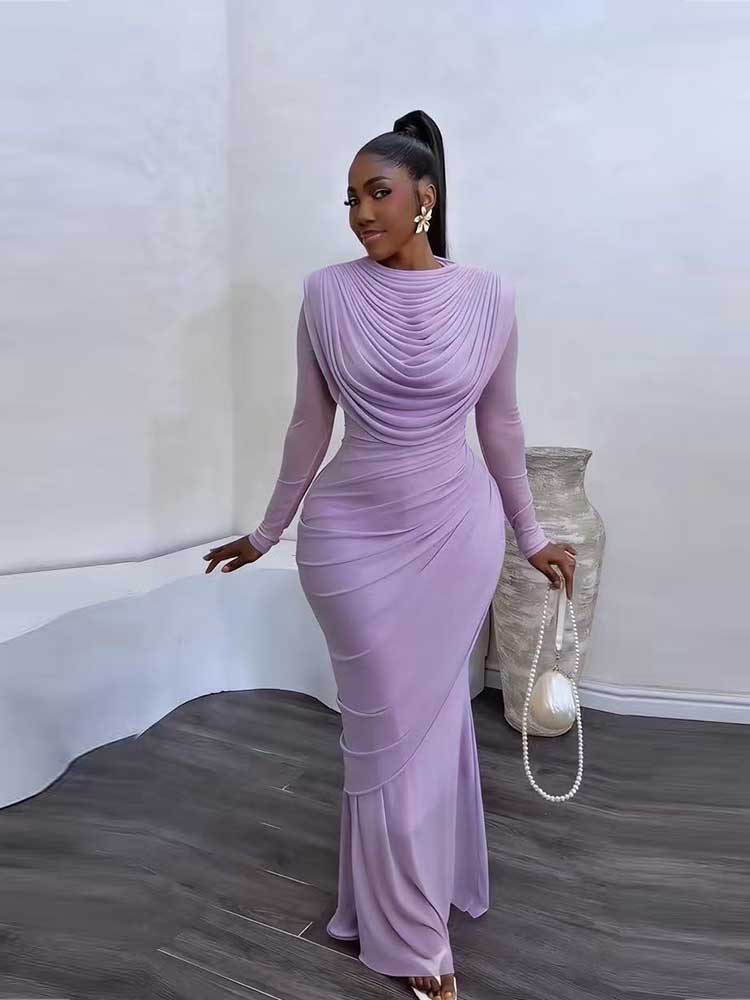 Robe de soirée chic et élégante pour femme, col drapé en maille, manches longues, robe moulante mi-longue, taille haute, robe sexy pour femme
