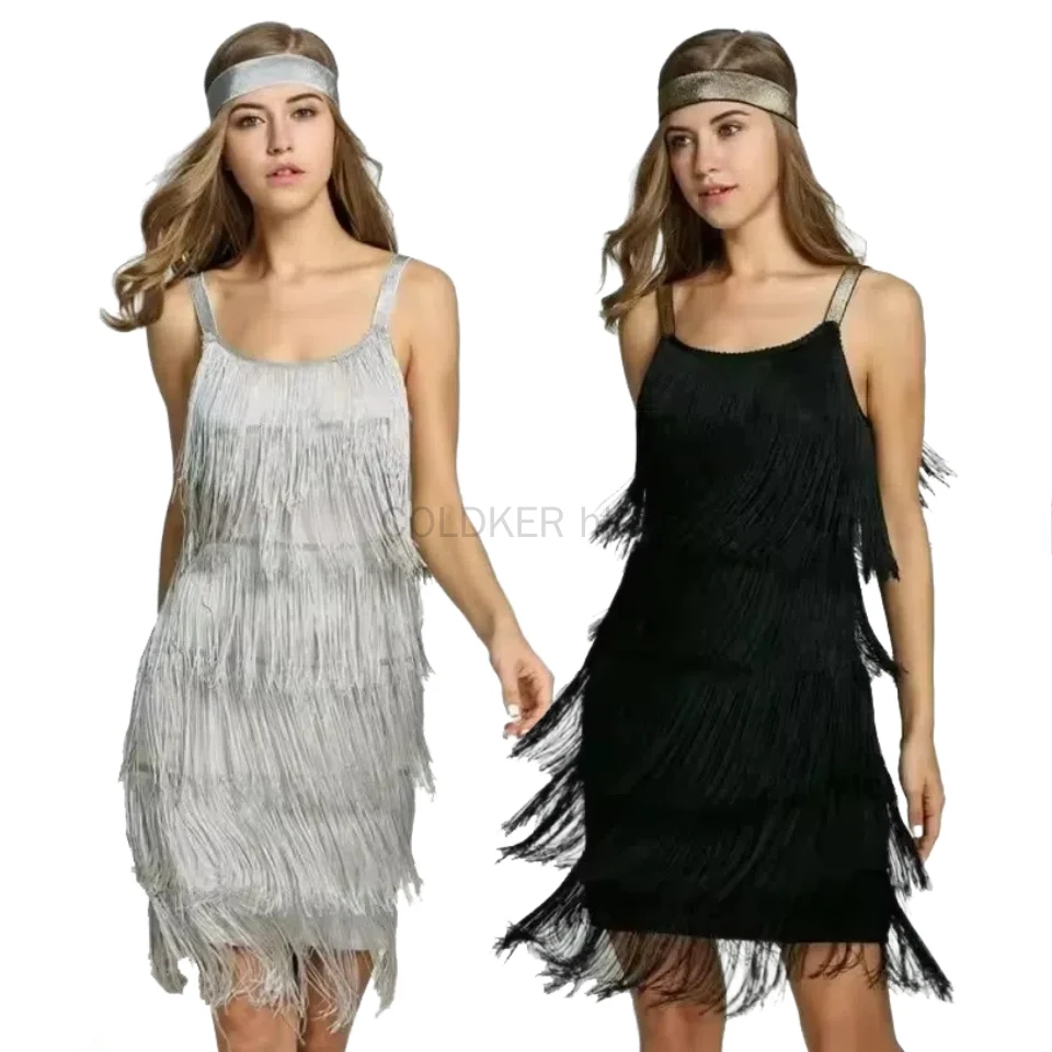 Robe courte à franges pour femme, style Charleston, sexy, sans manches, avec pompons, idéale pour cocktail, fête à l'inspiration Great Gatsby, été, costumes de danse
