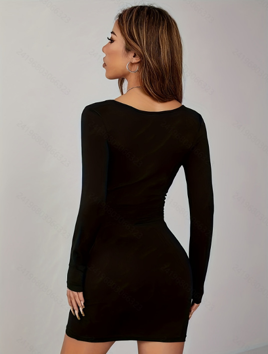 Robe moulante polyvalente à manches longues pour femme, coupe ajustée, décolleté en U, élégante, pour l'automne et l'hiver
