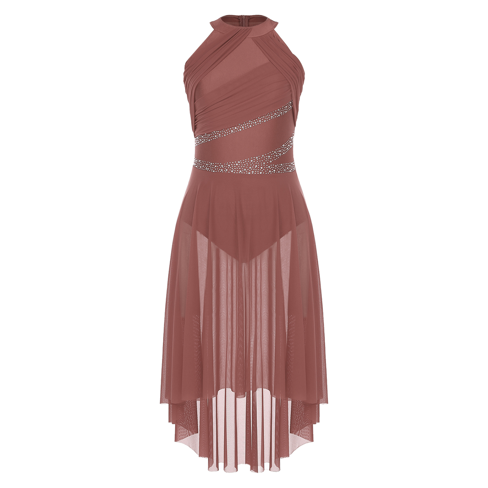 Robe de danse lyrique et contemporaine pour femme, col halter, en maille, justaucorps de gymnastique, ornée de strass, froncée, pour spectacle