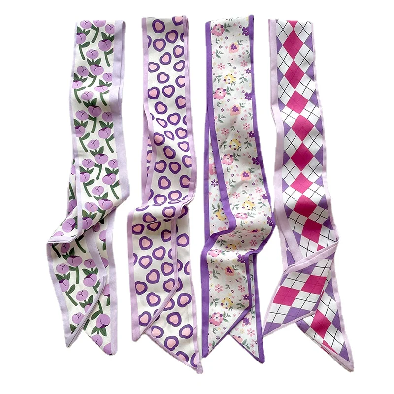 Foulard en Satin de soie pour femmes, série 4 pièces/ensemble, bandes de cheveux en tissu, accessoires de coiffure, foulards pour dames, attaches de cou en ruban pour poignée de sac