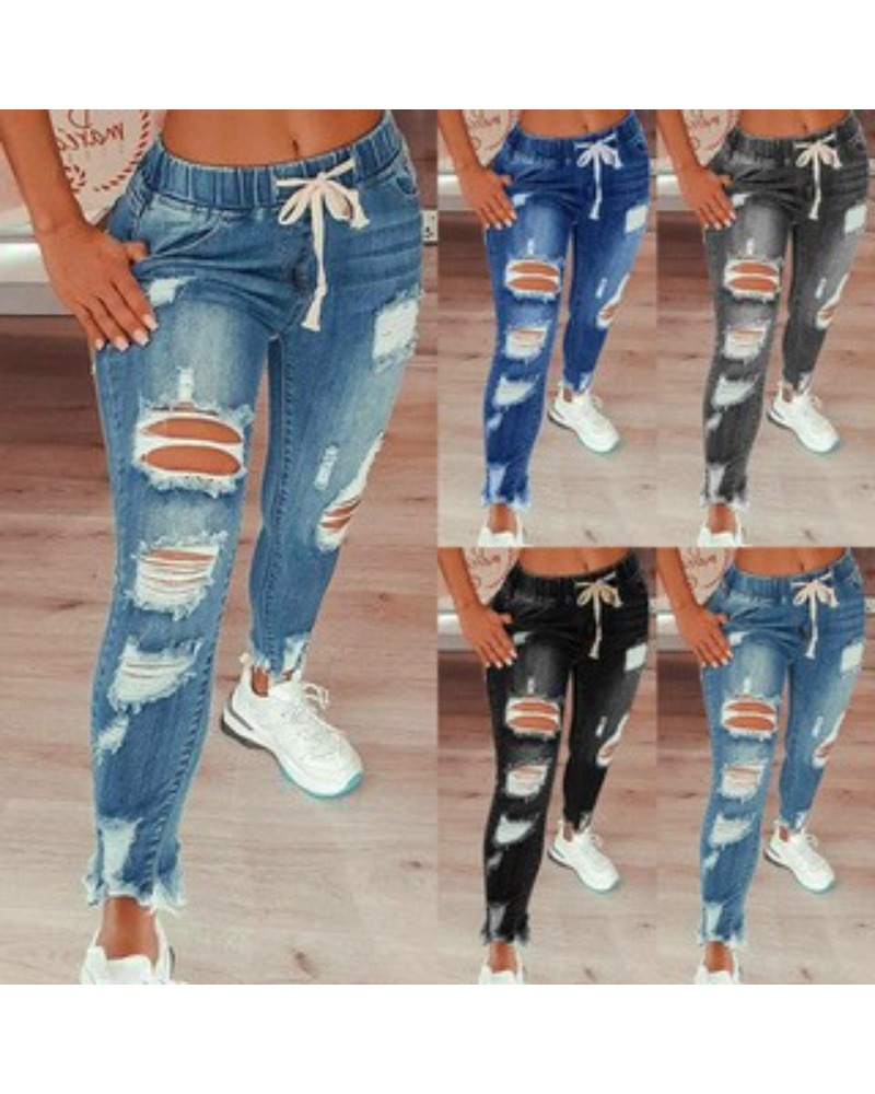 Jean taille serrée pour femme, taille moyenne, à lacets, coupe cintrée, pieds élastiques, pantalon en Denim perforé, taille S-5XL