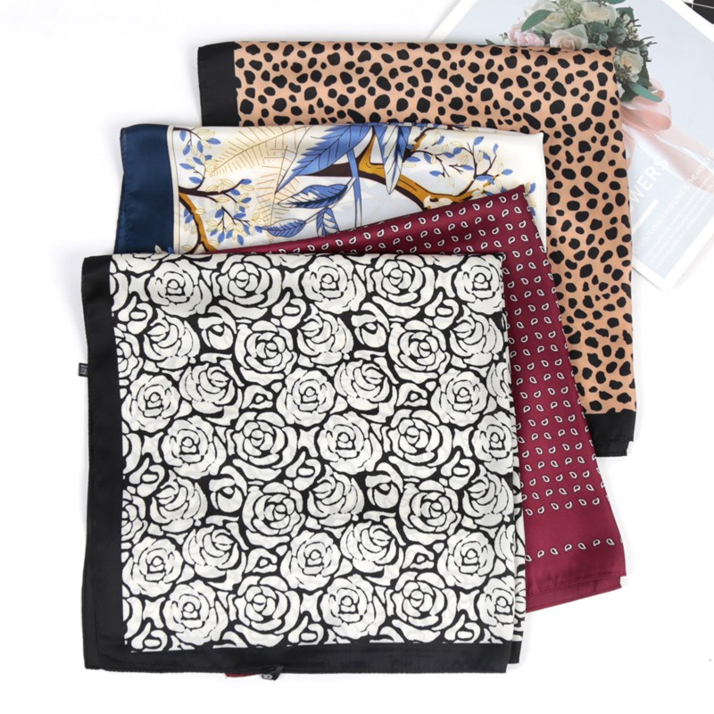 Foulard carré de luxe 70 cm pour femme, imprimé floral et léopard, châle, hijab, bandeau, foulard pour cheveux, bandana, mouchoir