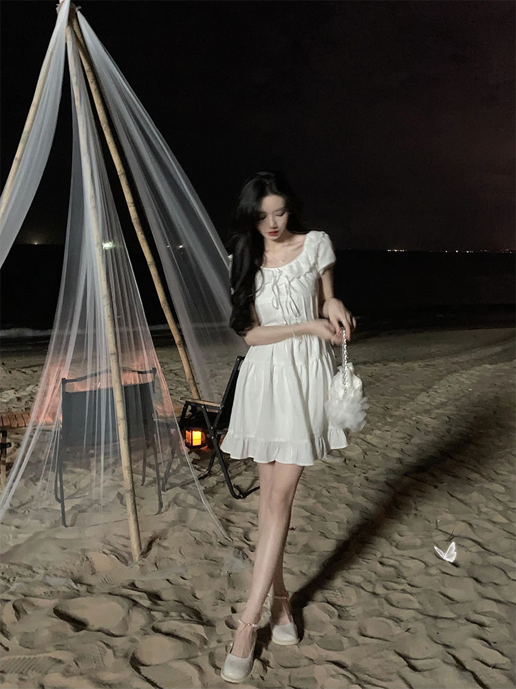 Dentelle Patchwork robes femmes doux Preppy à lacets une ligne Mini robe coréenne décontracté volants mince à manches courtes robes Chic