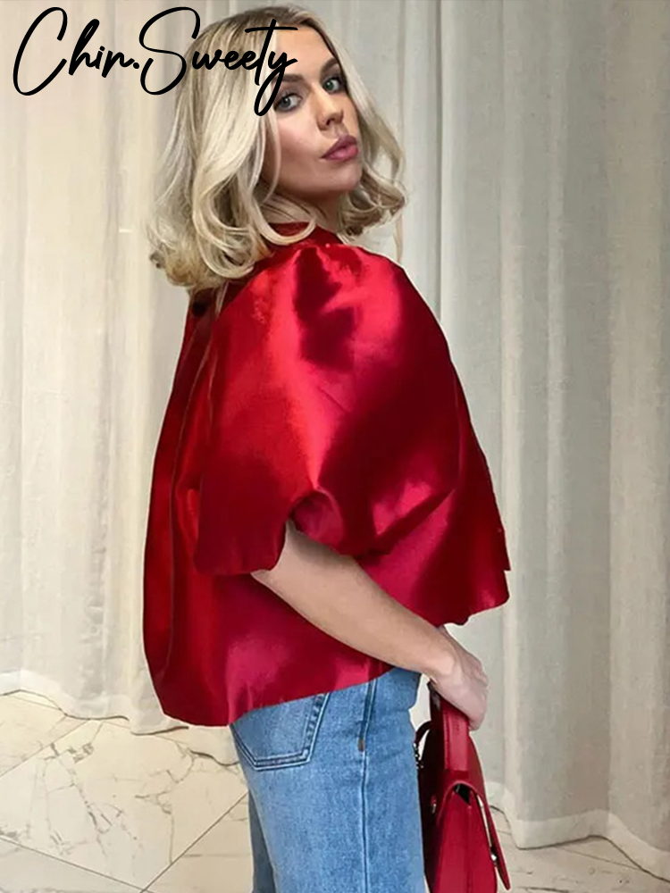 Chemise à lacets à col carré imprimé pour femme, élégant, chic, dos nu, ceinture, manches bouffantes, t-shirts pour femme, été, tout match, Y, 2024