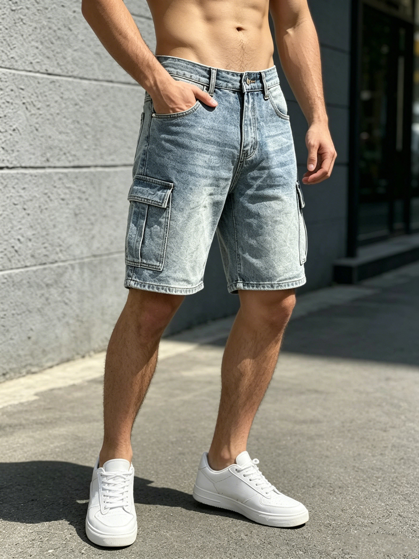 Shorts en jean décontractés pour hommes, coupe droite, délavage clair, style cargo, vêtements de travail