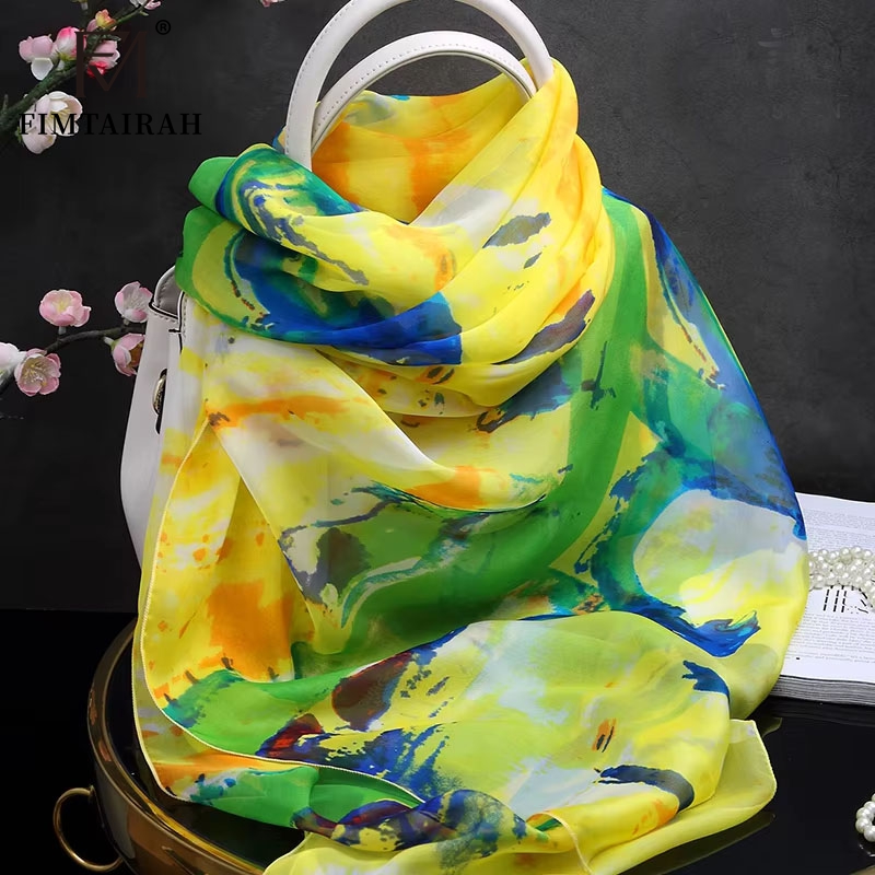 Foulard en soie imprimé jaune pour femme, châle long, doux et élégant, mode printemps automne hiver et été, 100%