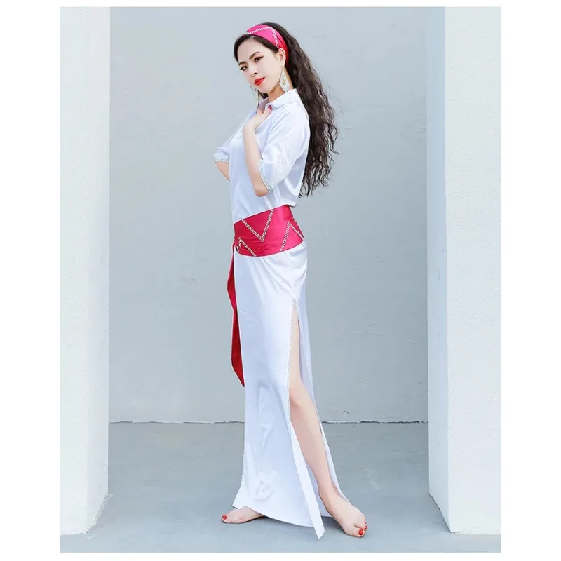 Robe de danse du ventre en satin à demi-manches pour adultes, vêtements d'entraînement en ylène, robes fendues trempées, vêtements de performance