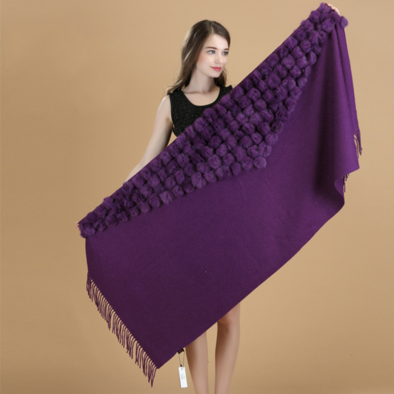 Marque de luxe cachemire Pashmina femmes hiver épais chaud réel fourrure de lapin pompon boule châles et enveloppes femmes 100% laine écharpe