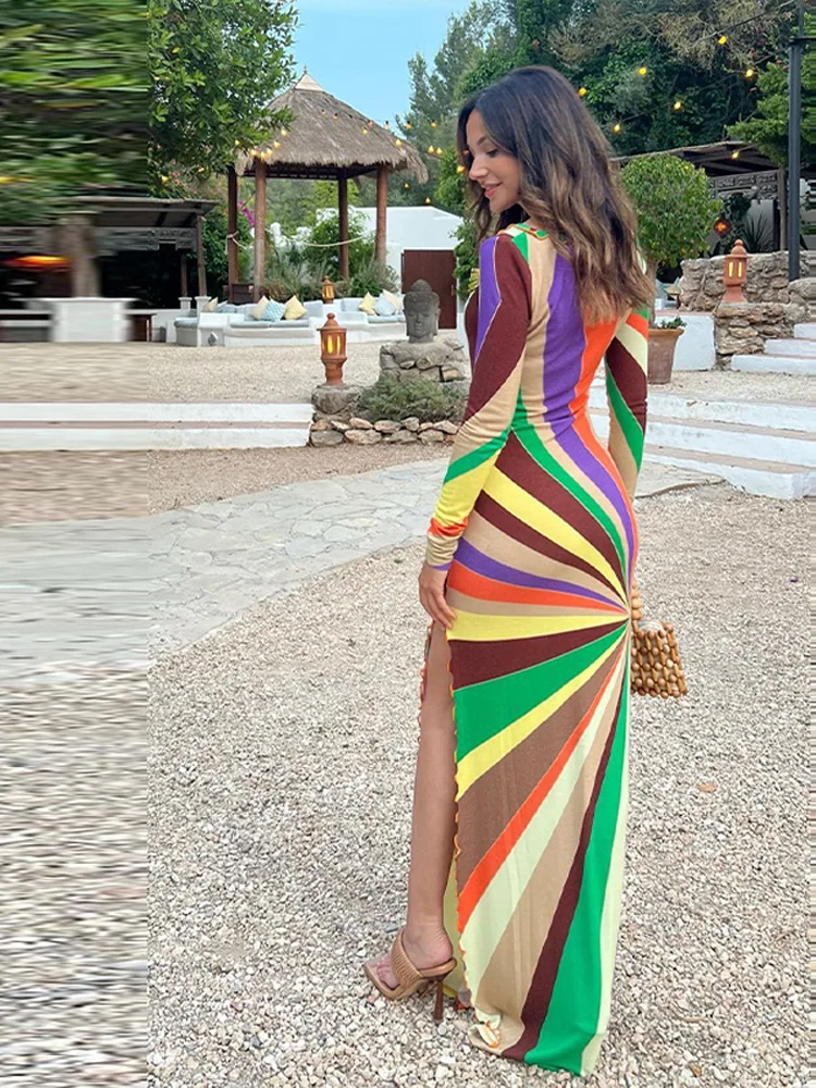 Robe longue moulante imprimée arc-en-ciel pour femme, manches longues, tendance estivale, fente haute, décontractée, pour soirée
