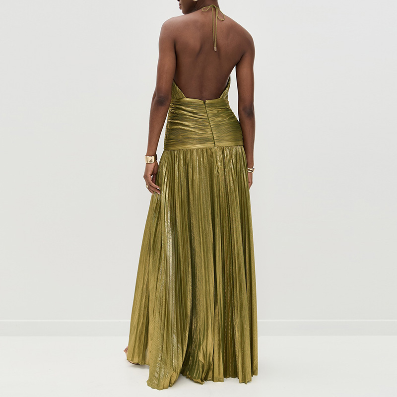 Robe de soirée dorée, Sexy, col licou, fente haute, Chic, couleur unie, plissée, longue, dos nu, fermeture éclair, Maxi, printemps été