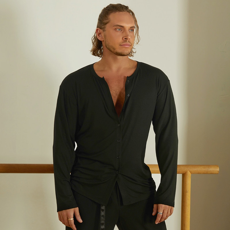 Hauts de danse latine ZYM pour hommes, t-shirt à manches longues et col en V, vêtements de pratique confortables, vêtements de performance pour la danse Rumba Cha Cha pour hommes adultes