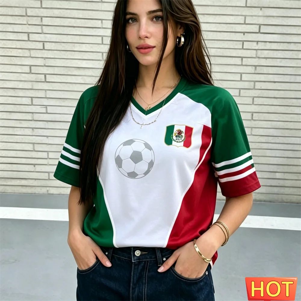 Maillot de football Mexique col en V respirant pour femme, collection été 2026 – T-shirt sport respirant pour femme et T-shirt décontracté respirant pour homme