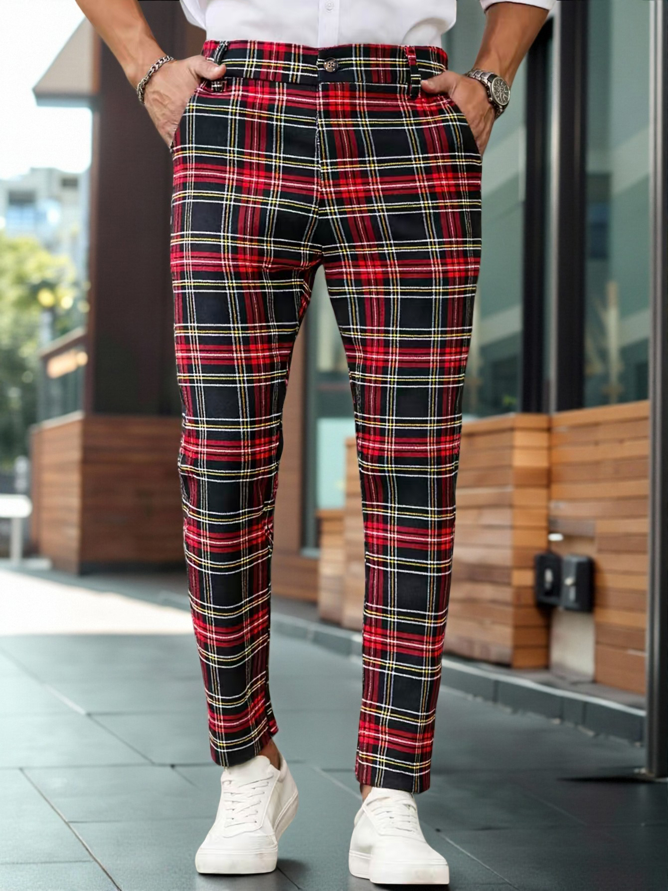 Pantalon de costume fuselé à carreaux écossais pour homme, en viscose, polyamide et élasthanne, coupe slim, décontracté et professionnel, longueur cheville