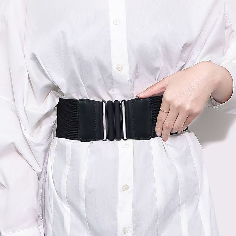 Robe version coréenne pour femmes, avec double bouton ovale, décoration de ceinture élastique et large ceinture corset en faux cuir