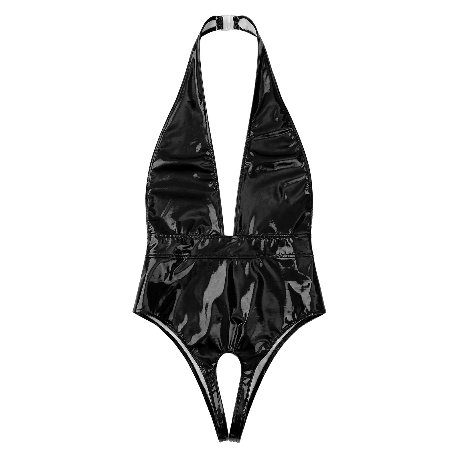 Body Sexy en cuir verni pour femmes, Look mouillé, teddy exotique, col en V profond, justaucorps sans entrejambe, dos nu, sans manches, Catsuit