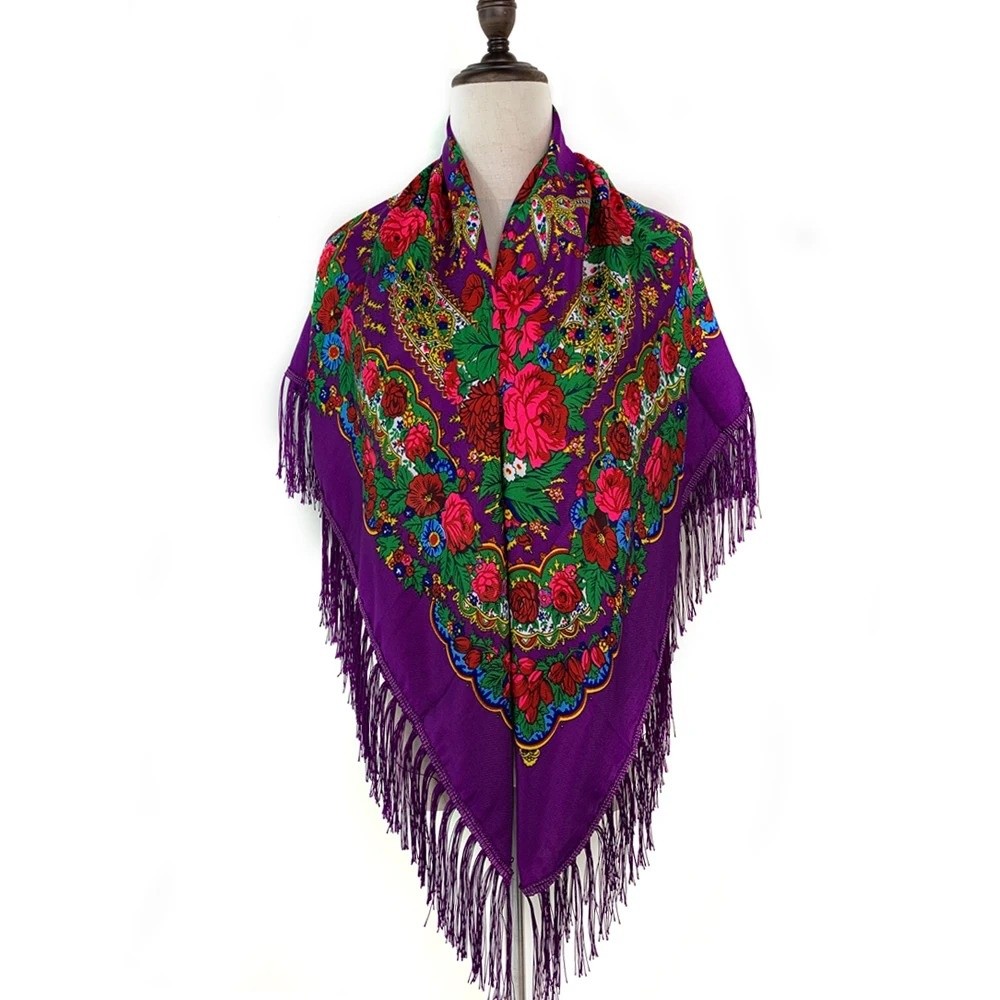 Écharpe traditionnelle russe 160*160cm, style rétro avec franges, châle surdimensionné à pompons, couvre-chef tendance