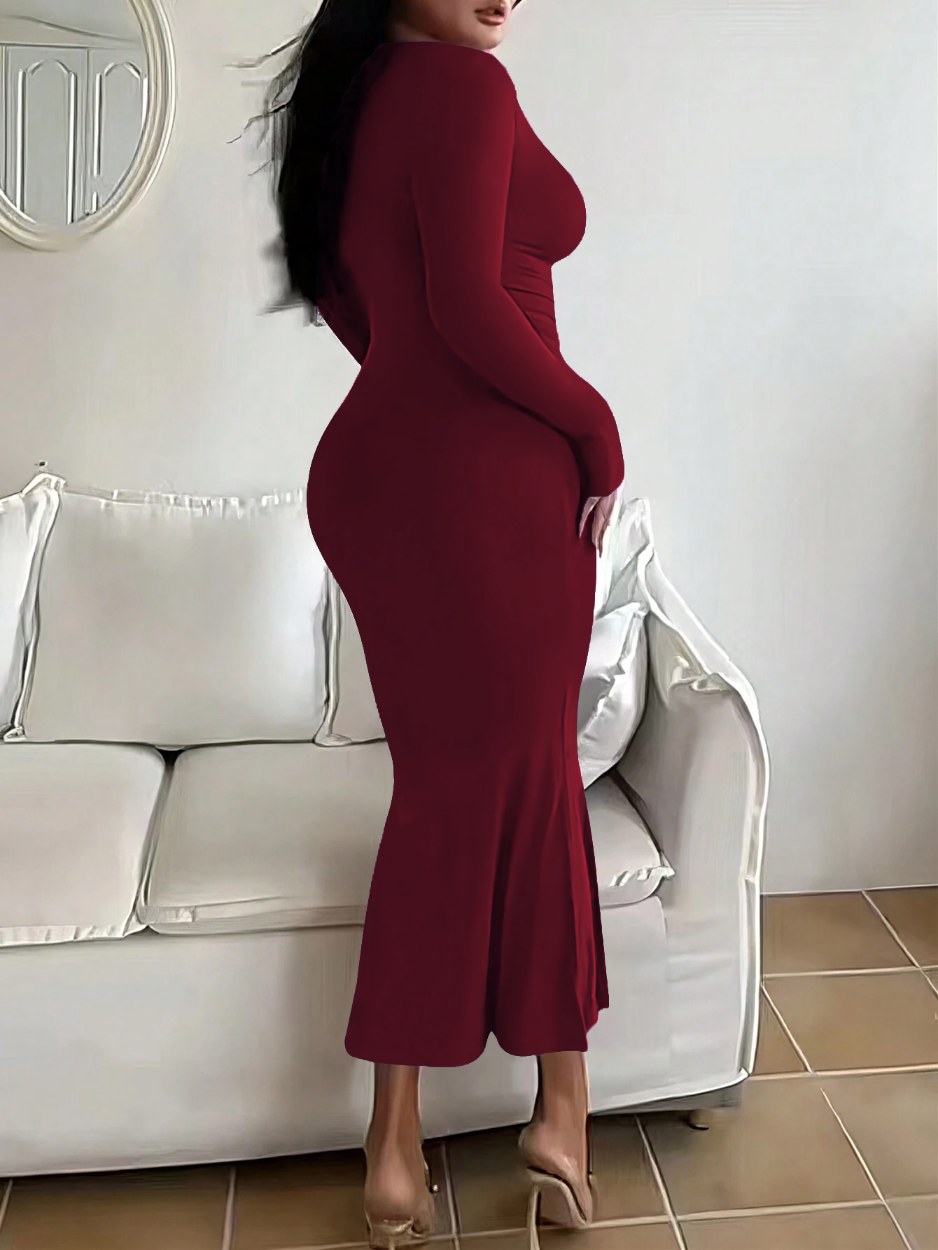 Robe longue à manches longues pour femmes, grande taille, coupe cintrée, robe moulante extra longue à col carré pour femmes