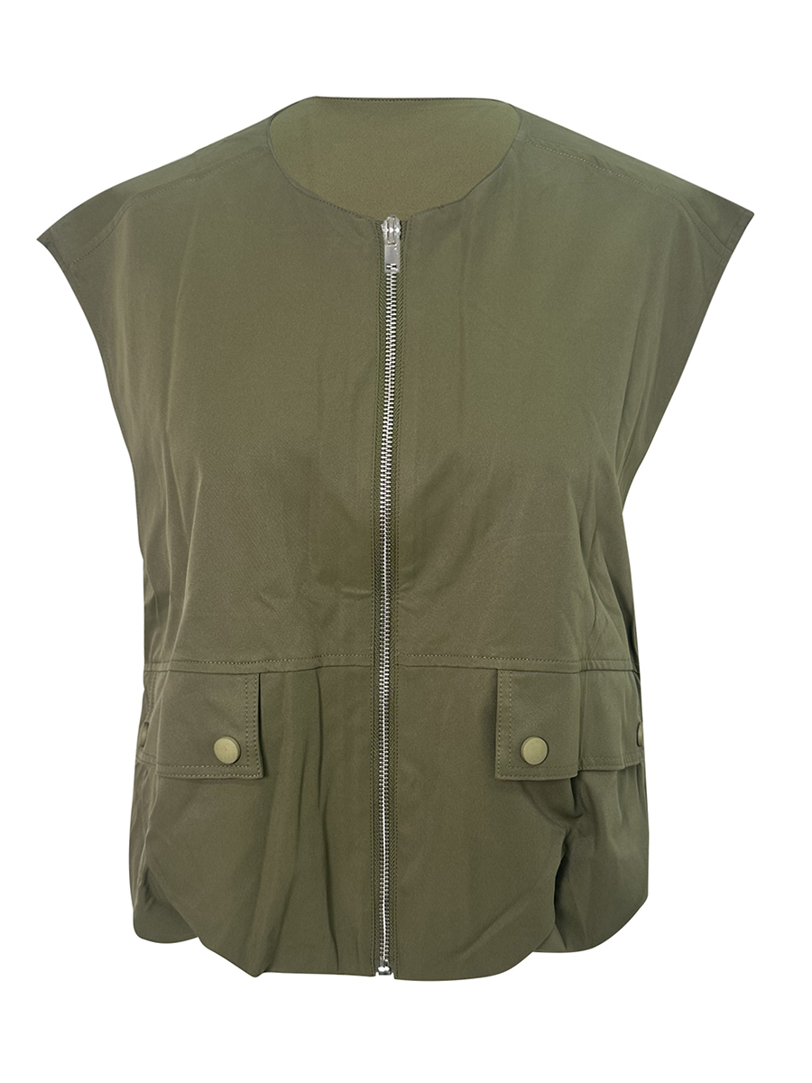 Gilets cargo à col rond pour femmes, gilet à fermeture éclair en fibre, poche féminine, streetwear décontracté, mode automne, 2024