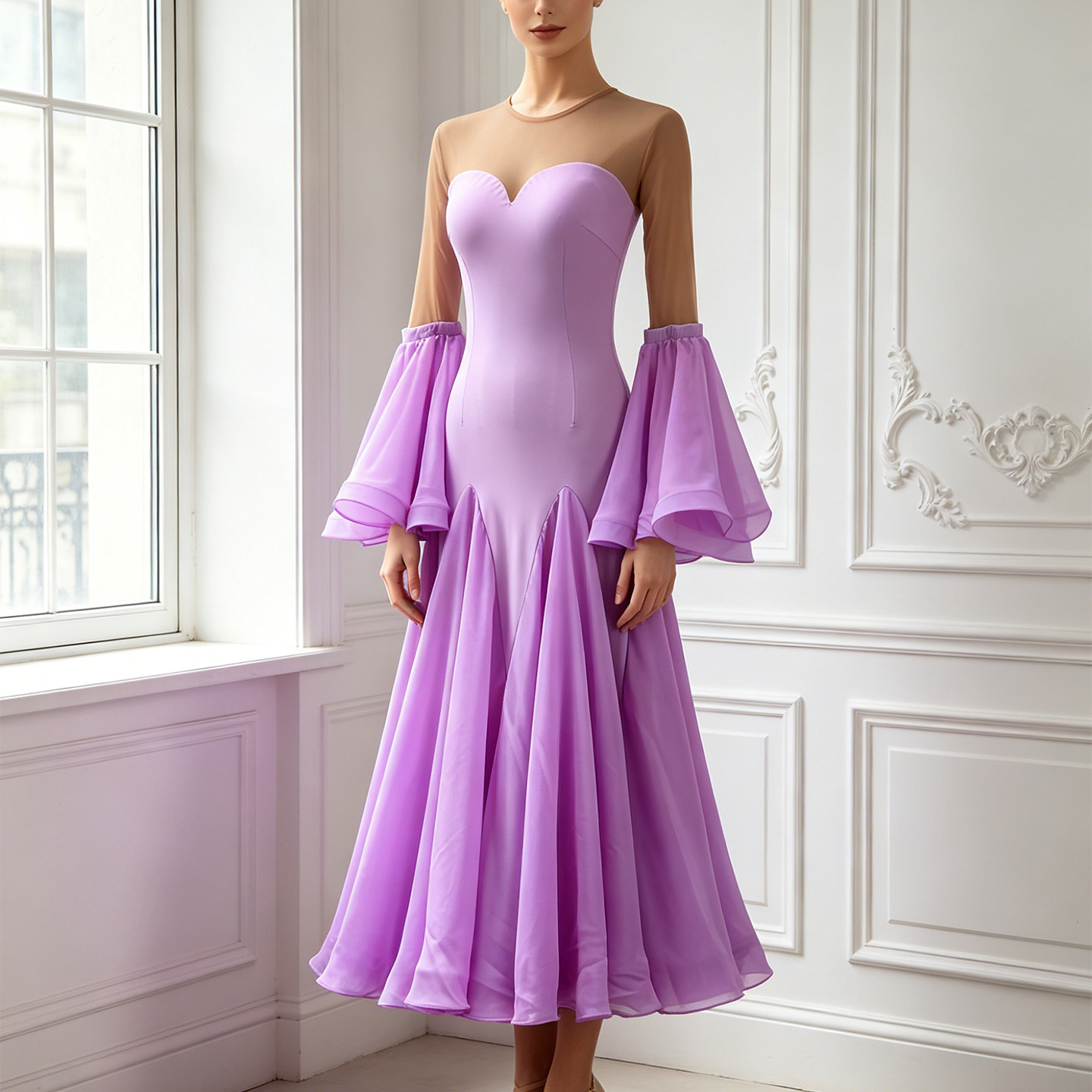 Nouvelle robe de danse de salon pour femmes, tenue de danse standard moderne, vêtements de compétition de valse, robes de performance à manches longues avec plumes