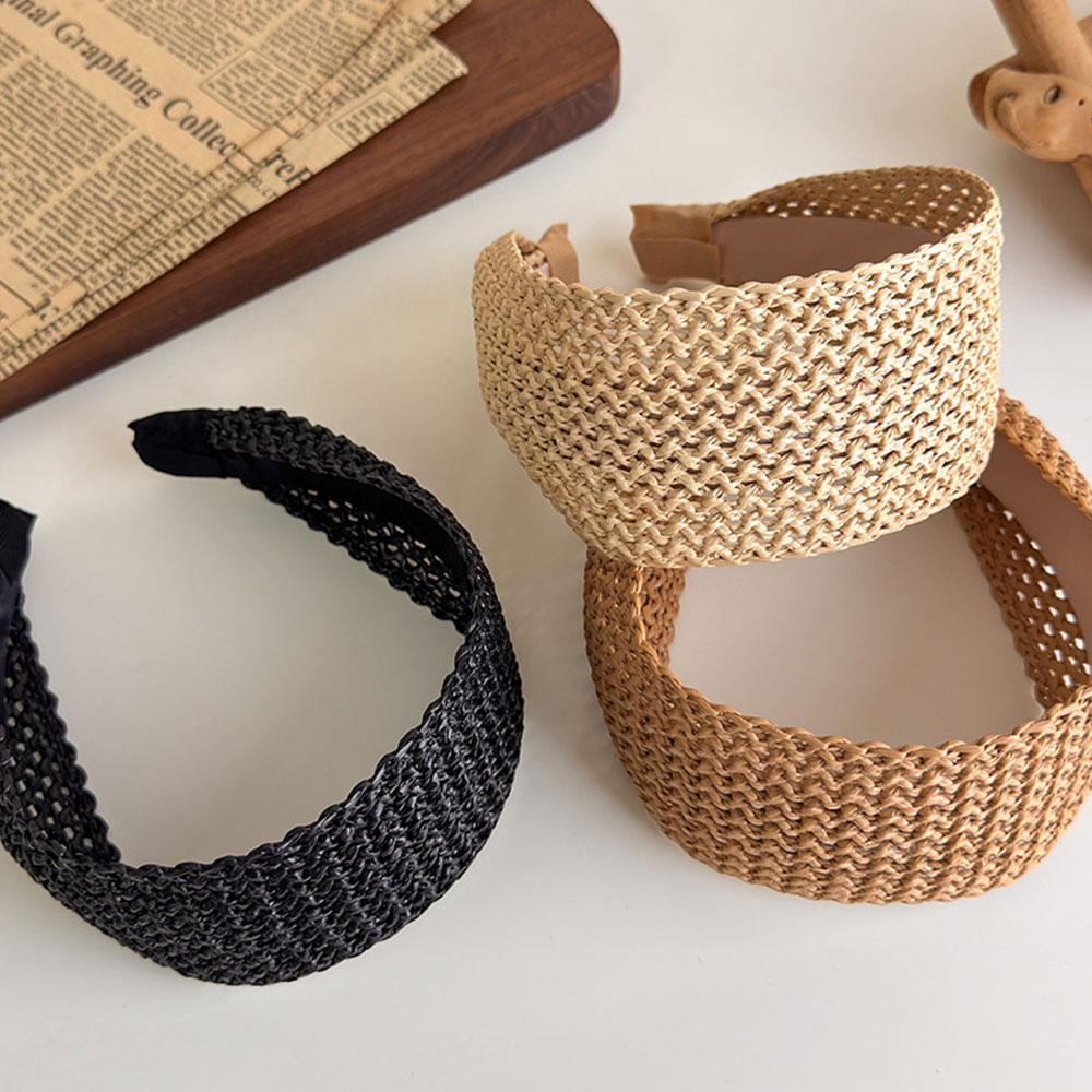Serre-tête en rotin tressé de 6,5 cm de large pour femme, bandeau en paille tressée, style bohème, accessoire de coiffure à large bord
