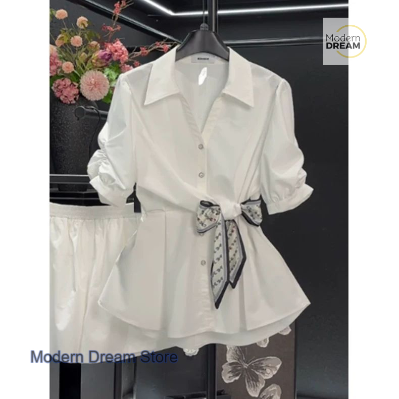 Chemise française en mousseline de soie blanche de haute qualité pour femmes, nouveau design de mode, manches courtes, foulard en soie, ceinture, haut de taille, été