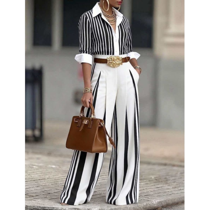 Ensemble deux pièces mode femme : chemise rayée imprimée à revers et manches longues à boutonnage simple + pantalon large pour l'automne