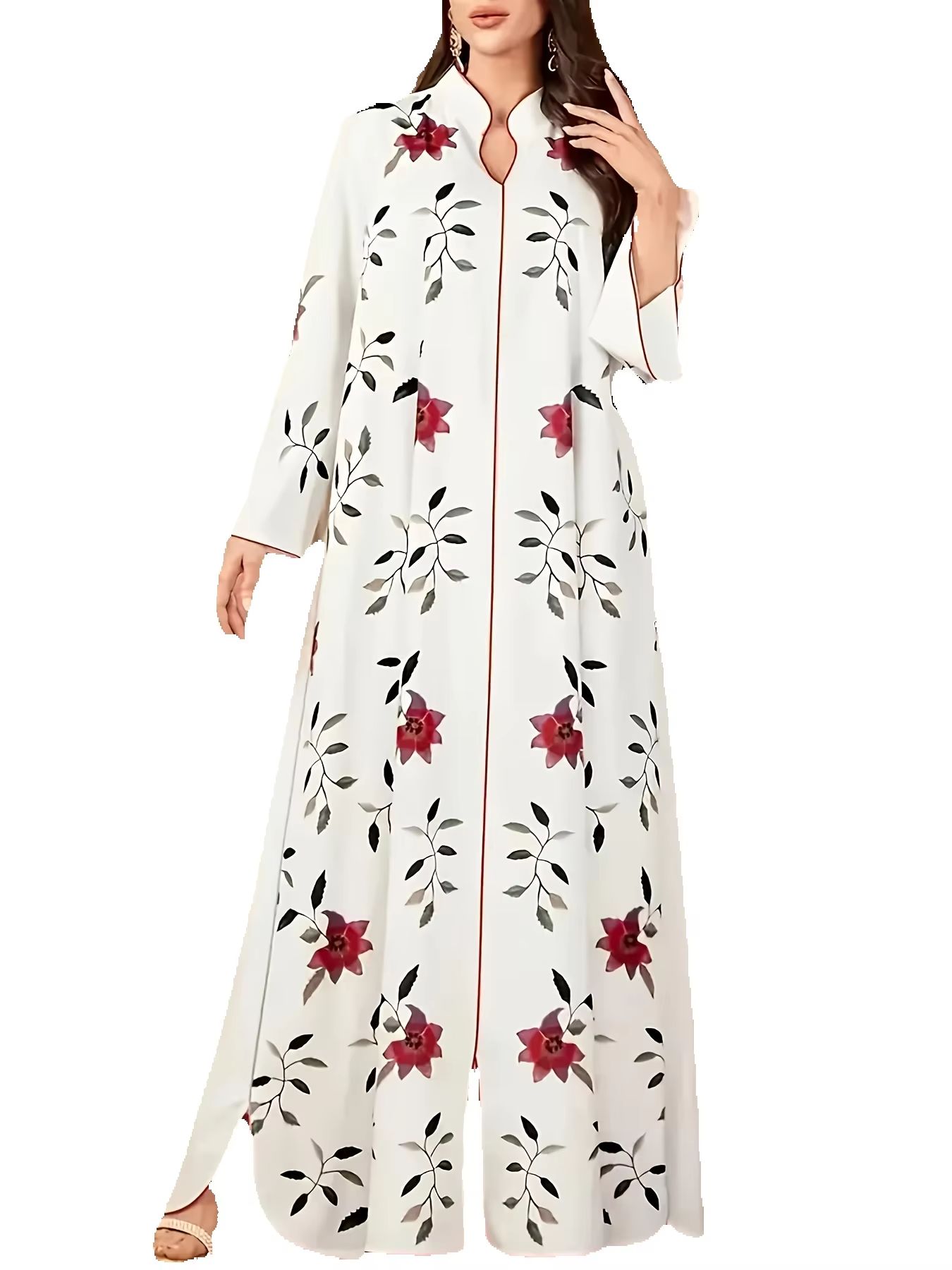 Jupe longue élégante pour femme, style musulman, imprimé Ramadan Aïd, col en V, manches longues, coupe ample, avec fente à l'ourlet