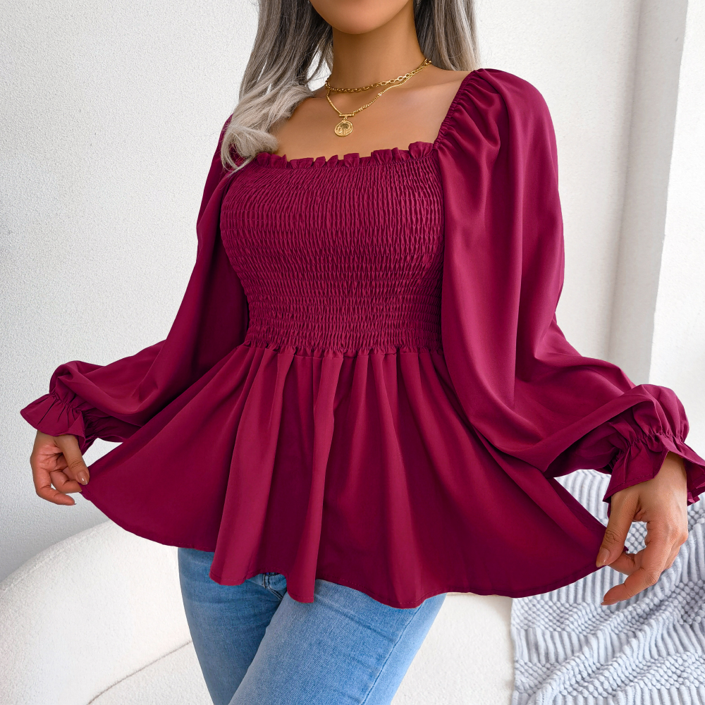 Chemisier en mousseline de soie pour femmes, couleur unie, manches longues, volants, haut péplum, blanc, rouge, vert, bleu, noir, vêtements pour femmes, 2026