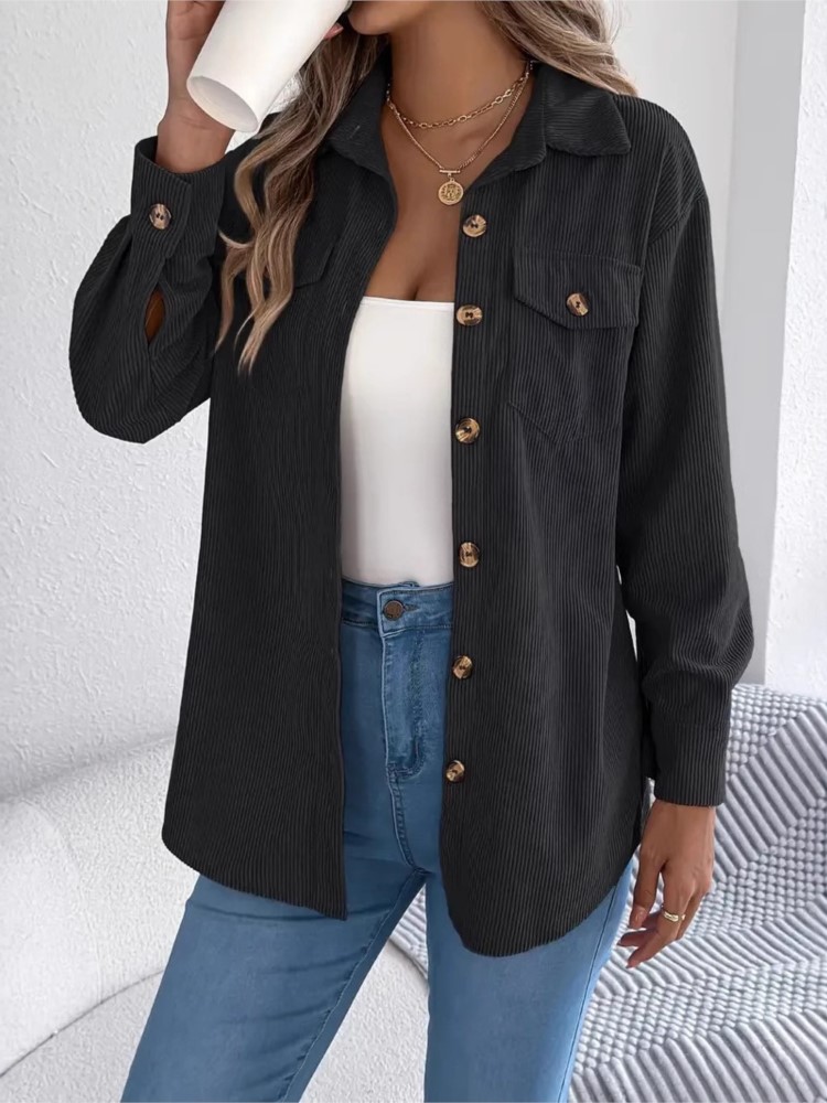 Veste en velours côtelé à manches longues pour femme, élégante, simple boutonnage, couleur unie, chemise ample et décontractée, nouvelle mode, manteau supérieur noir, vêtements pour femmes