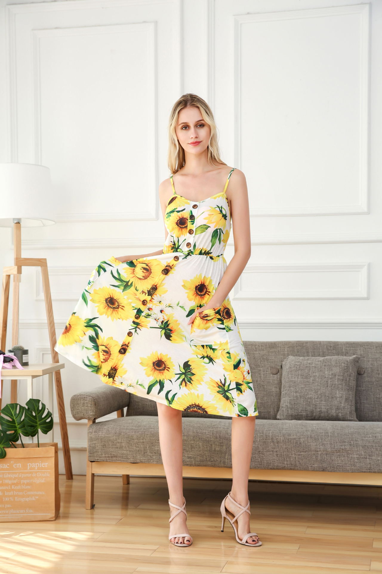 Robe d'été pour femmes à imprimé floral, dos nu, bretelles spaghetti, élastique, plage, vacances, style bohème