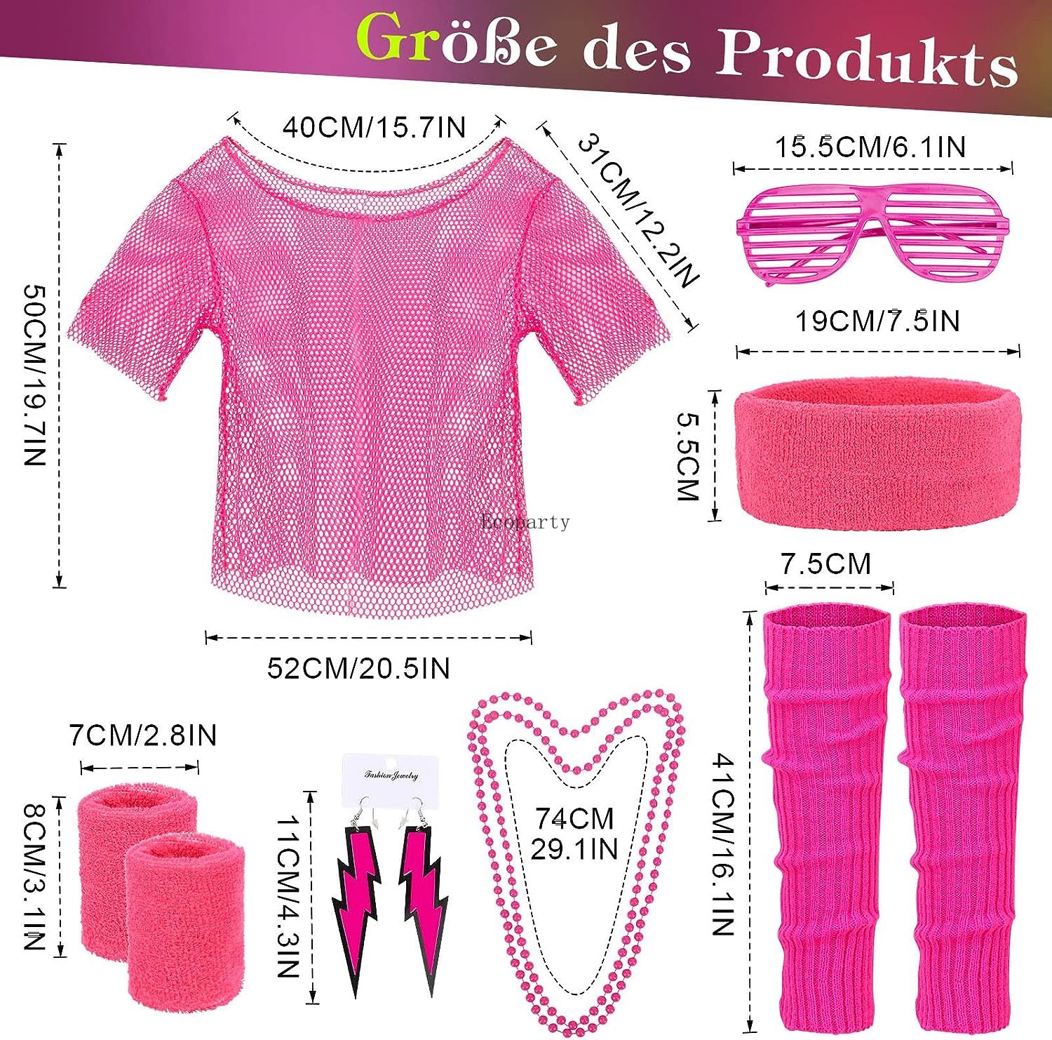 Accessoires de tenue des années 90 et 80, ensemble d'accessoires de Costume des années 80, vêtements des années 80, chemise en maille à épaules dénudées typique, accessoires de costume d'halloween