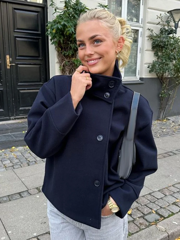 Col montant femmes hiver laine manteaux 2025 automne simple boutonnage ample femme à manches longues veste bureau dame rue manteau court