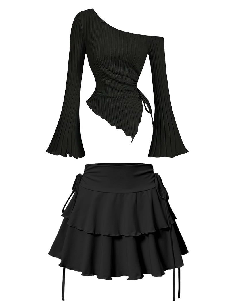 Demi-jupe d'été pour femmes, nouvelle mode, décontractée, élastique, taille haute, Slim, manches longues, épaules inclinées, T-shirt Sexy, 2 pièces